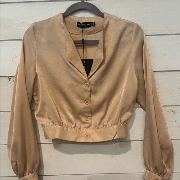 PrettyLittleThing NWT Champagne Satin Button Front Crop Shirt - Picture 3 of 10